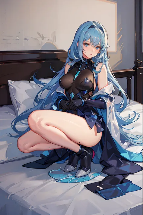 1girl(Fingers open masturbation) bodysuit(damaged mecha gundam transparent see-through white-and-blue bondage)  on bed Watery transparent panties Seductive expression Legs separated Hand pinches legs Rolling eyes Blushing squatting peeing Legs open a littl...