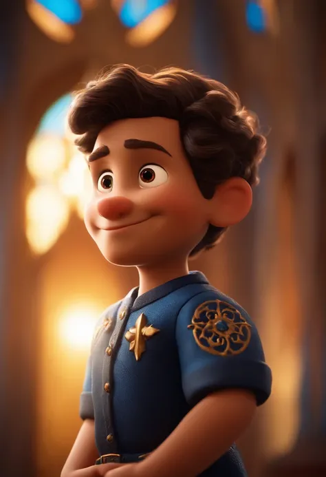 Garoto, estilo disney, tom de pele: escuro:  Cabelo: preto, crespo, curto, Hairstyle back. camisa: social, Cor azul. Fundo: igreja, rezando, Hands raised, sorrindo, feliz, (estilo pixar) (obra-prima:1.2) (bokeh) (melhor qualidade) (pele detalhada) (textura...