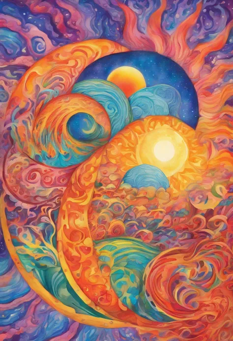 Vivid watercolor pencil drawing of a sun being hugged by a quarter-moon that is merging and meshing into It as it forms a spinning spher surrounded by sexy wind, water, beach, fire and outerspace.