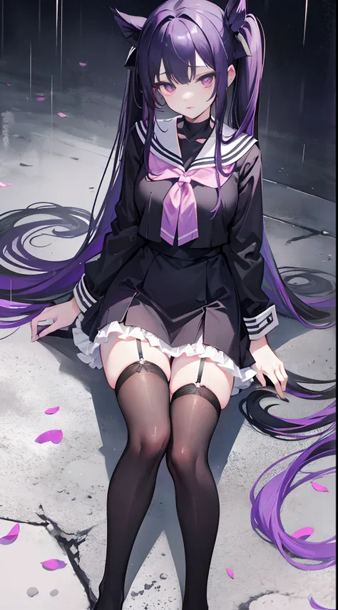 Long black gradient purple hair，Black sailor uniform，Bow knot，Pale pink eyes，，Flower hair ornaments on the other side，Tied in a side ponytail，Flowers bloom all around，Slightly rainy，Rain gets wet，black lence stockings，Medium build，chiquita