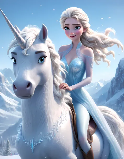 (best quality,4k,8k,highres,masterpiece:1.2),ultra-detailed,(realistic,photorealistic,photo-realistic:1.37),Pixar style:2,Elsa from "Frozen 2",riding a white unicorn,flowing translucent dress,white leggings,full-body shot,snowy landscape,magical aura