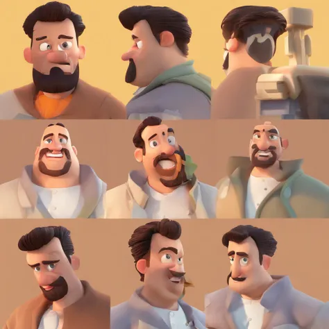 Criar um personagem no estilo Pixar. Trata-se de um homem de 30 anos, com barba, Branco, com cabelos castanhos curtos e um quiff, e olhos castanhos. Ele deve estar na frente de um computador, Trabalhar como designer