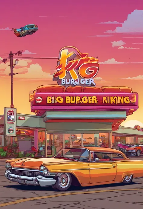 big Burger King sign above the restaurant and the parking space is full with cars and motorcycles