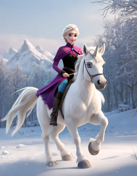 (best quality,4k,8k,highres,masterpiece:1.2),ultra-detailed,(realistic,photorealistic,photo-realistic:1.37),Pixar style:2,Elsa from "Frozen 2",riding a white unicorn,flowing translucent dress,white leggings,full-body shot,snowy landscape,magical aura