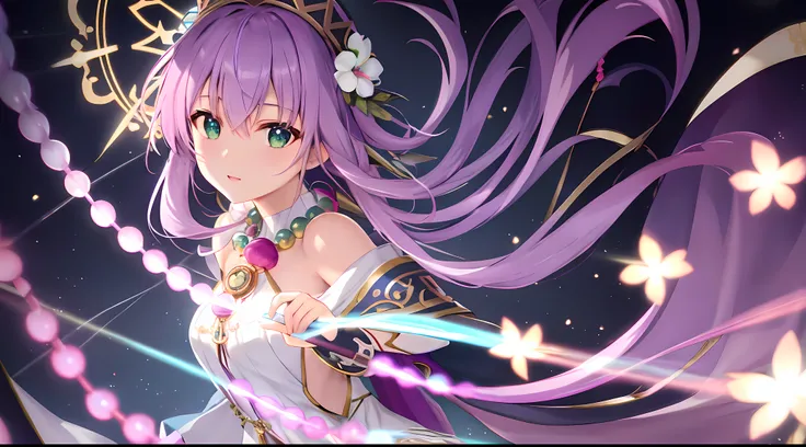 Athena with plain long light purple hair,hair between eyes,green eyes,rosy cheeks,full lips,thin eyebrows,slender body,wearing saint full robe covering body and full long skirt,praying beads on neck,beads on neck,cute anime girl,full body,cosmic flowers in...