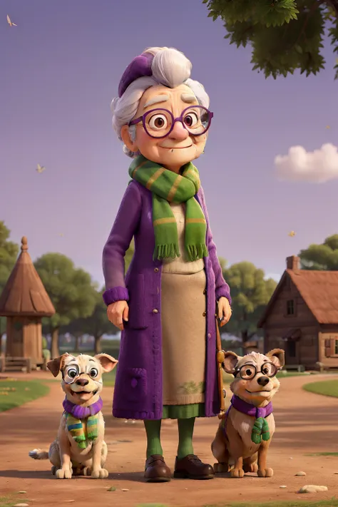 Obra-prima, de melhor qualidade, an elderly woman in glasses and a scarf, wearing a purple coat and green scarf, Standing in the park and a dog