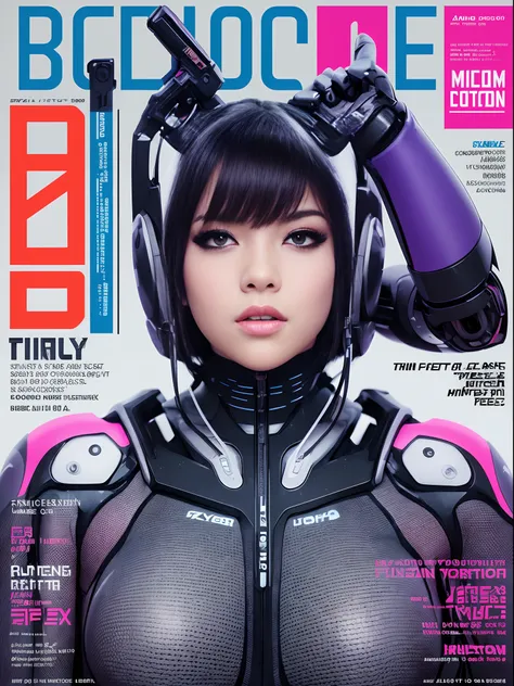 sexy female cyborg, magazine cover, poster art , hint of neon vibrant, bold huge text, matted design layout.