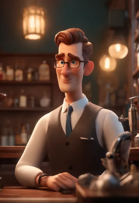 (best quality,3D rendering:1.2),Disney/Pixar inspired 3D poster,37-year-old man with short gradient hair,dressed in a suit and tie,working as a barber