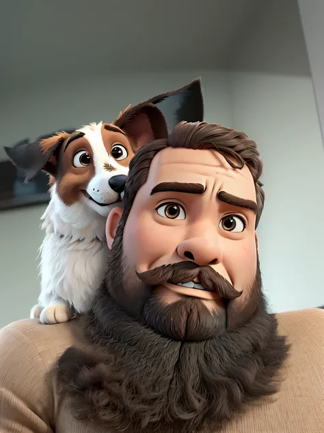 Um homem barbudo recebendo carinho de um cachorrinho no estilo disney pixar, alta qualidade, melhor qualidade