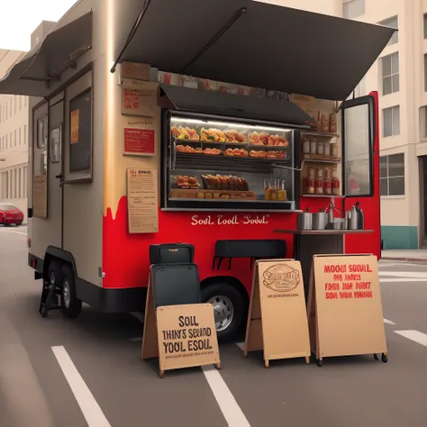 Food truck logo that says Soul on The Road and colors are red,black,and gold