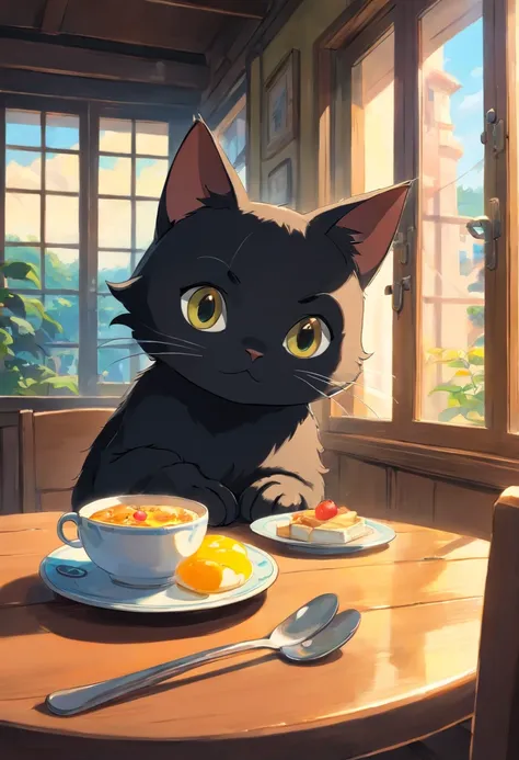 A cute black cat with round eyes, At the breakfast place , Sunlight outside the window.