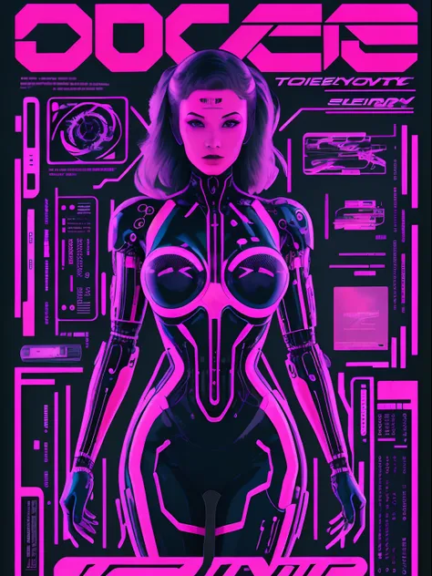 sexy cyborg, magazine cover, poster art , hint of neon vibrant, bold huge text