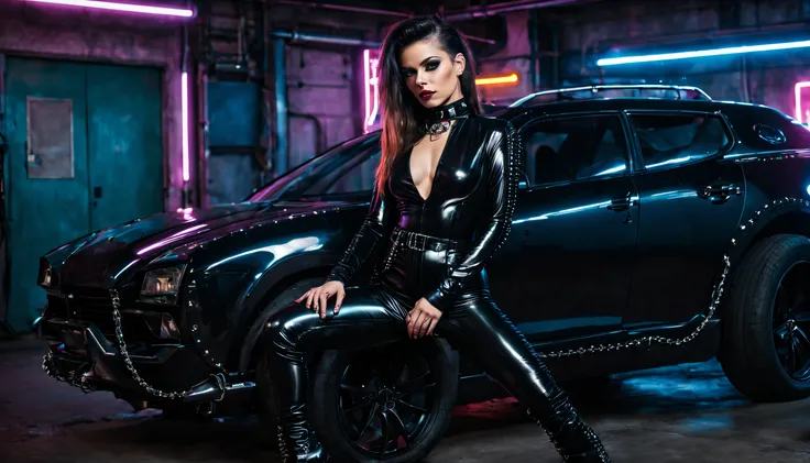 cyberpunk woman wearing black shiny low-cut pvc jumpsuit , wearing thigh high boots , chains , spikes and studs , infront of futurist car ,in cyberpunk garage at night , inlightened with neons