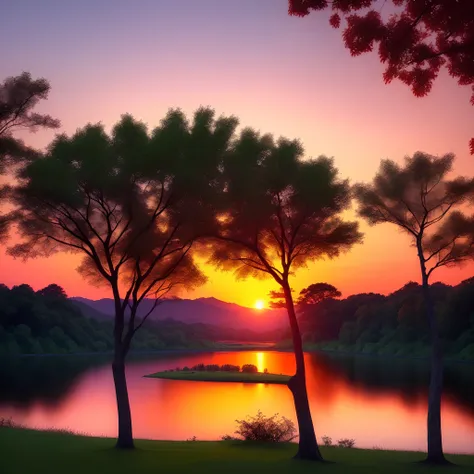 Sunset with a lake and trees in the background, colorful skies, cores surreais, colorful sunset, colorfull sky,