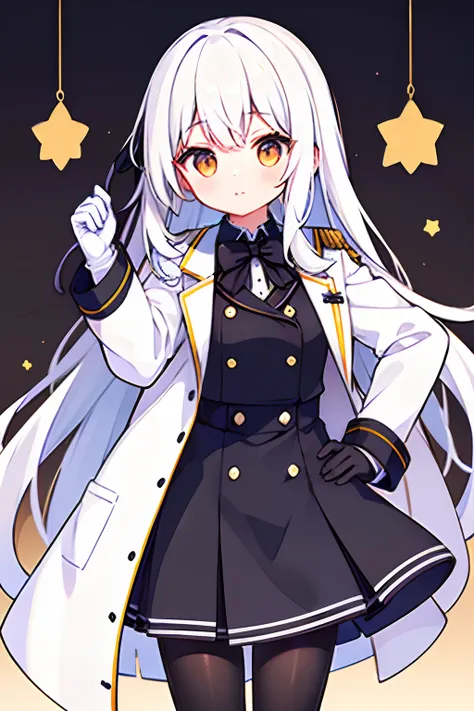 {High quality}, 1girl, {long wavy white hair}, {light orange eyes}, {white tights}, {lady}, {classy school uniform}, {topper coat}, {black gloves}, big black ribbon in her hair,