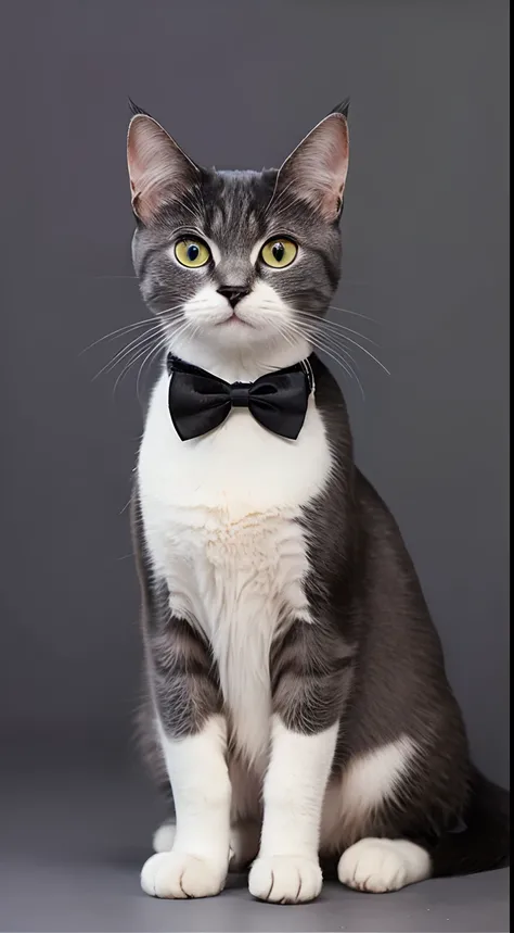 Gray mysterious cat、Black bow tie、sitting on、with round face、The background is a black wall、Facing the front、rounded body shape、Looking at the camera、The ground is black floor、hali々and has、detaileds、The whole body is shown、Dignified look