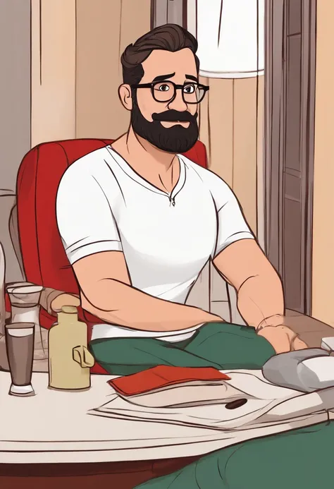 Create a Disney Pixar style character, where I am 44 years old. male. white. green eyes. short, dark hair. big nose sitting in front of a table. wearing a red t-shirt. bearded. wearing glasses .