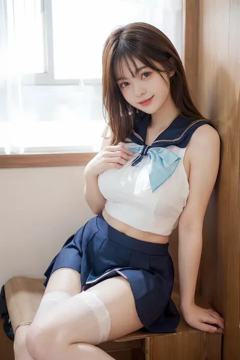 top-quality,ultra-detailliert,​masterpiece,realisitic,Photo Real,Bright lighting,1 girl in, an extremely beautiful 17-year-old girl, (kawaii:1.2),Thin smile, (Brown eyes),(brown haired),(bangss),perfect glossy skin,flawless skin,((erotick,Sexy and sexually...