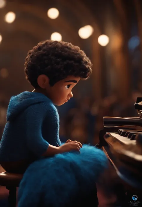 Pixar. Menino com topete cabelo preto olho castanho com um terno azul tocando trompete