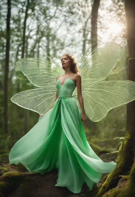 Design a virtual costume with a pale green chelicera-free butterfly as the main inspiration，The color is mainly light green，white colors，It is shaped like a long skirt，The design style is sci-fi, high-end and modern，The texture of the clothing presents a t...