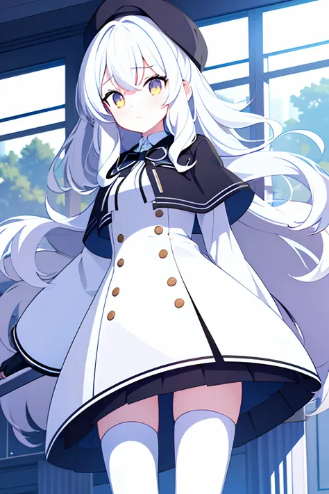 {high quality}, 1girl, {long wavy white hair}, {light orange eyes}, {white tights}, {daughter}, {classy school uniform}, {topper coat}, {black gloves}, big black ribbon in hair, {tuck up skirt}, {shy},