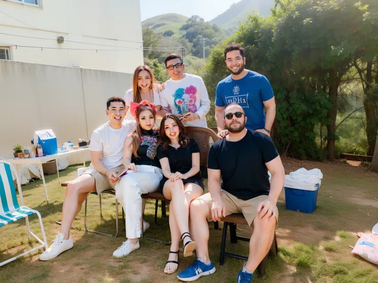 Theres a group of people sitting in a backyard together, divertindo-se, 4 de julho, Festa DND, foto de grupo, d & d partido, um grupo de pessoas, Quarta de Julho, grupo de pessoas, sentar-se casualmente, group sit at table, retrato de corpo inteiro de um g...