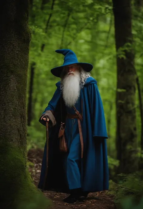 PetrPavel als Zauberer, in einem Wald, Gandalf-Cosplay, Blauer Umhang, Blauer Hut