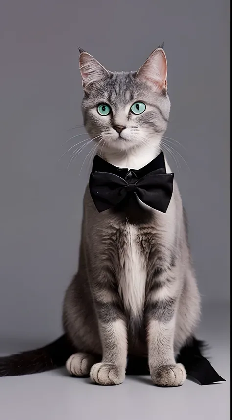 Gray mysterious cat、Black bow tie、sitting on、with round face、The background is a black wall、Facing the front、rounded body shape、Looking at the camera、The ground is black floor、hali々and has、detaileds、The whole body is shown、Dignified look、odd eye