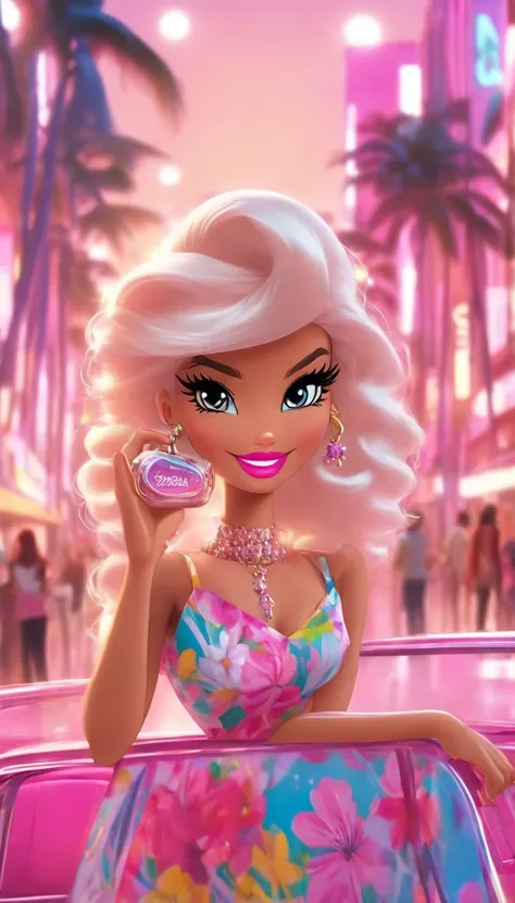 Make another scene with the same style, Barbie is now out of the perfume shop, Now shes holding a perfumery bag, Ela estava prestes a entrar no carro, your car is a Corvette C1, rosa e branco, Corveta C1, Ela usava um vestido xadrez rosa e branco，O pano de...