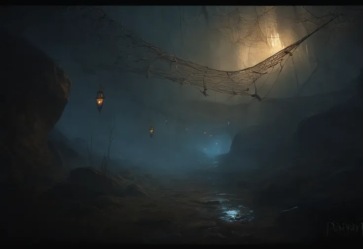 nighttime, torchlight, giant webs, walkways made of web, darkness below the walkways, spiders, spider eggs, creepy, dark, webways, underdark, painted as a game concept art, environment concept art, environment and concept art, painterly concept art,