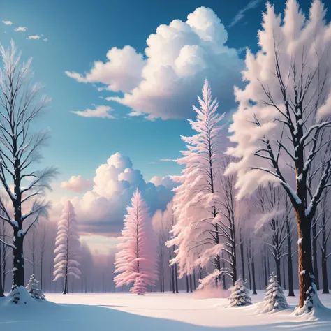 (Best Quality, Masterpiece) Beautiful, Snowy landscapes, warm, pale pink, Another winter tree, Bright color, Bright, blue skies, covered with clouds, The Spirit of Hope, Calm and peaceful landscape.