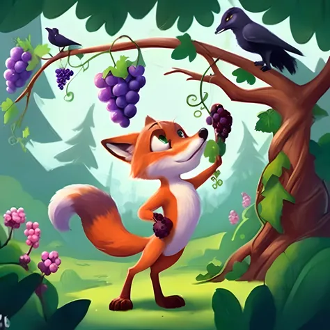 Illustration of an orange fox with an expression of desire and a bunch of purple grapes hanging from a tall vine