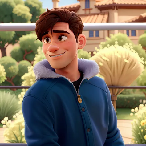 Poster estilo disney pixar. Jovem masculino bonito, brasileiro, Italian descent, 20 anos, cabelos castanhos, cabelo cacheado, olhos castanhos, cabelo taper fade, usando uma jaqueta de couro com capuz cinza