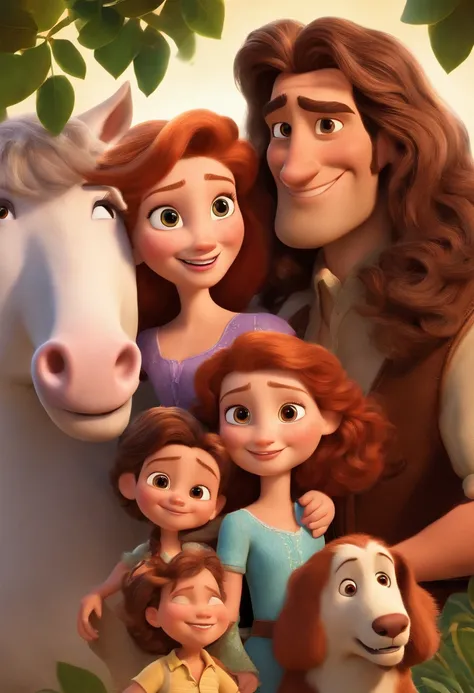 a Disney Pixar movie poster showing a white-skinned family. The father is the tallest, Tem barba curta, loiro, cabelos curtos e espinhosos. The mother has brown eyes and hair, shoulder-length and is slightly overweight. A menina tem 4 anos e cabelos castan...