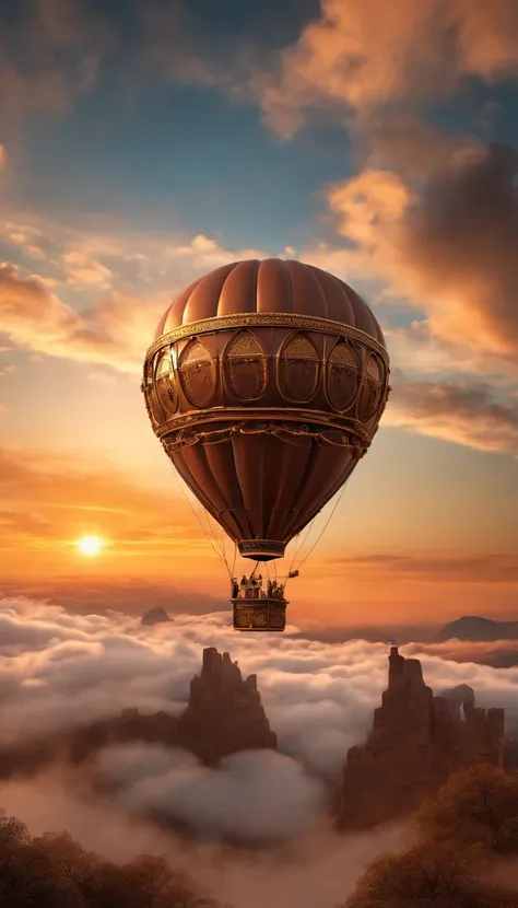 steampunk hot air balloon, skimming on top of clouds, intricate, sunset, beautiful composition. 3 d render，