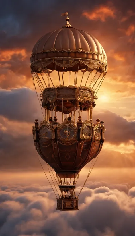 steampunk hot air balloon, skimming on top of clouds, intricate, sunset, beautiful composition. 3 d render，