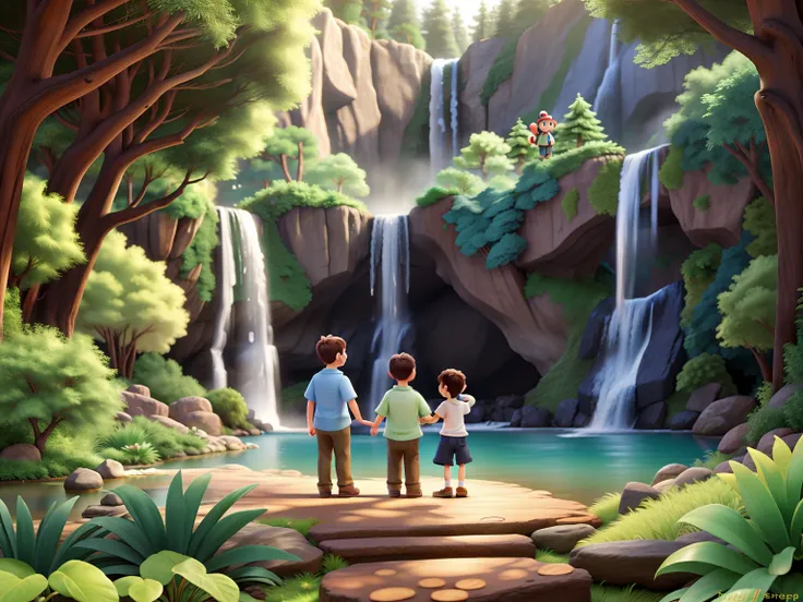 Happy family in the forest and waterfall disney style