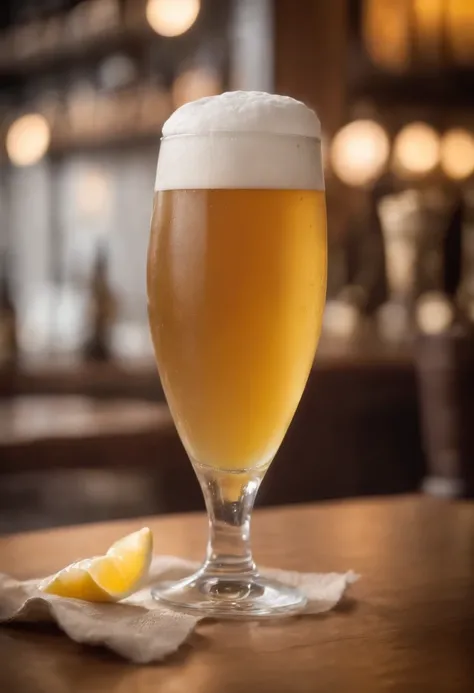 Jarra de cerveza plana, German style, Mucha espuma, Plano delantero, foto realista, Ultra Sharp Focus, Disparos realistas, Fondo moderno, Warm and bright atmosphere, cold beer, con espuma real en el borde, un vaso de vidrio, Tulip Style, Like tulip full of...