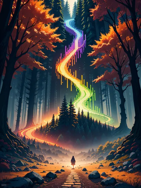 pixel art, forest, intricate, colorful, high contrast colors, very detailed, high quality, made by Aase Berg, panoramic shot, cinematographic illumination