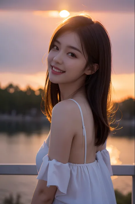 Best Quality,Masterpiece,The ultra-Highres,(Realisticity:1.4),OriginalPhoto,Cinematic lighting,
1Girl,Smile,Back lighting,sunset,