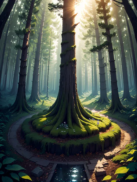 pixel art, forest, intricate, colorful, high contrast colors, very detailed, high quality, made by Aase Berg, panoramic shot, cinematographic illumination