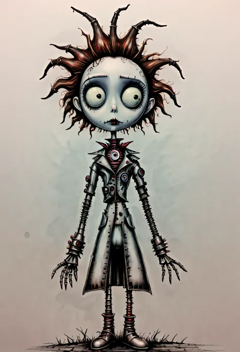 1girl as a cyborg in ,hand drawn, tim burton style, (c1bo:1.05) ,