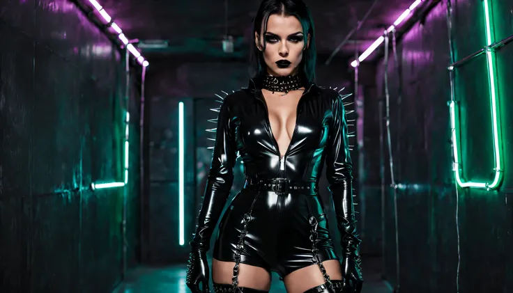 cyberpunk woman wearing black shiny low-cut pvc jumpsuit , wearing thigh high boots , chains , spikes and studs  , in cyberpunk morgue at night , inlightened with neons