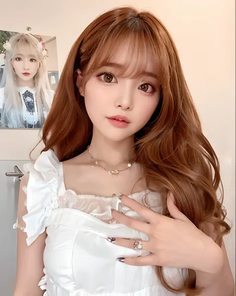 um close up de uma mulher com longos cabelos ruivos usando um vestido branco, Ulzzang, cabelos longos com franja, O corte Hime, gengibre cabelo ondulado,  comprido com franja completa, Lalisa Manobal, long glowing ethereal hair, cabelos longos e ondulados ...