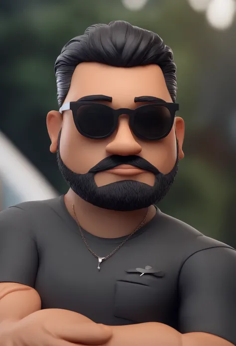 Cartoon character of a man with black glasses and a black polo shirt, cabelo liso, With beard and old school tattoo on his arm, animation character, Caractere estilizado, animation style rendering, 3D estilizado, Arnold Maya render, 3 d render stylized, to...