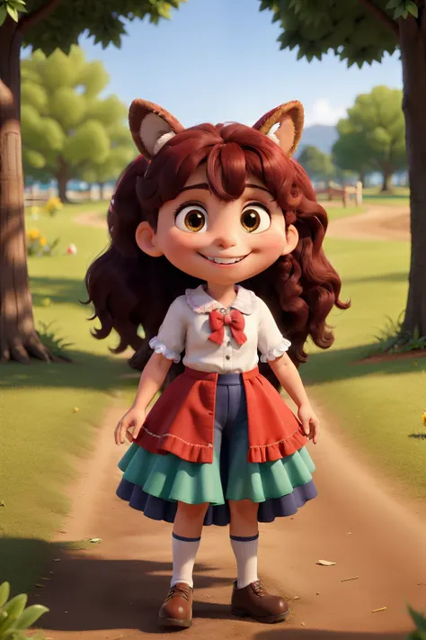 Menina crianca morena, cabelo cumprido rabo de cavalo, Colored bow, roupa infantil, Standing smiling in the park. Faltando dois dentes na frente