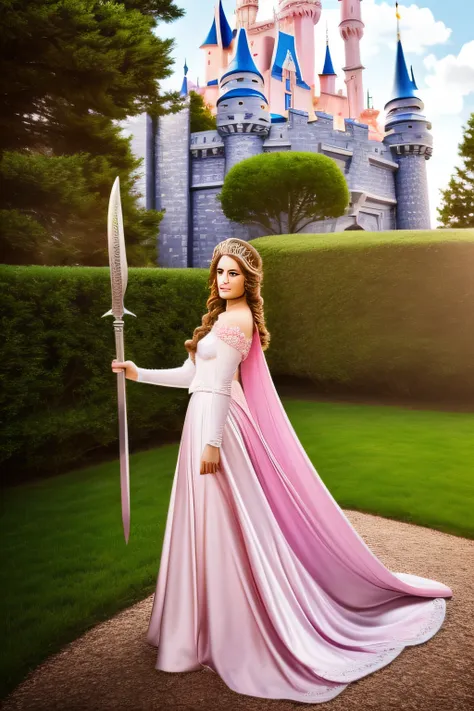 Masterpiece, Best quality, Highly detailed, A high resolution, hdr,A young and beautiful princess，Dressed in a gorgeous pink princess costume，long hair flowing；She was armed with a shining sword，Look firmly into the distance，Show confidence and determinati...