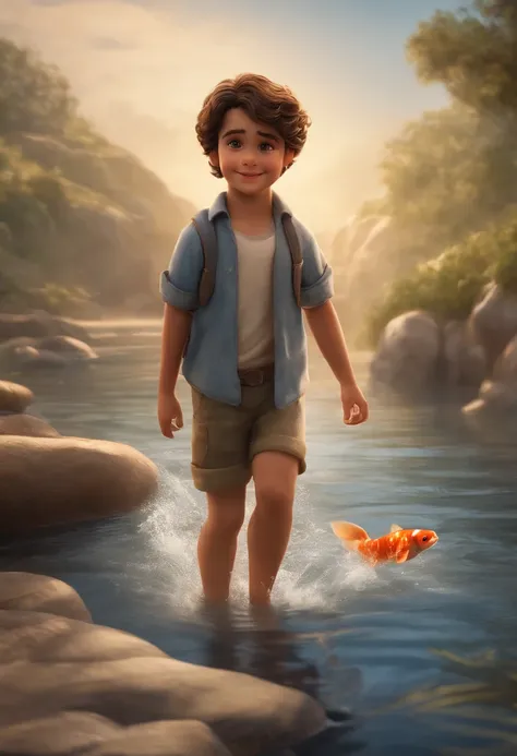 qualidade de imagem do filme，Disney Animation Style，A boy swims in the sea with a koi in his arms，cabelo curto e detalhado，Denim suspenders，Bare feet，profundidade de campos，Luz alta，luz real，Traching de raias，oc renderizado，hyper-realistic，melhor qualidade...