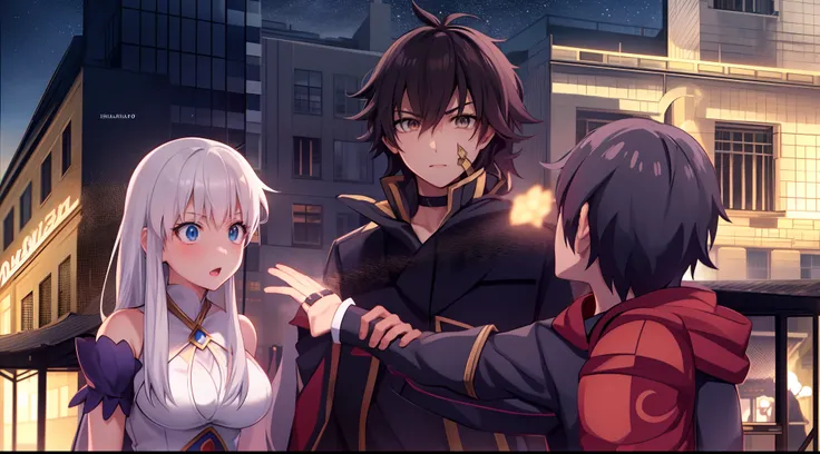 Anime characters in a city with a building in the background,aura ao redor do hoemem, reencarnado como um limo, Anime Estilo Estrela, popular Isekai anime, Tensei Shitara Slime Datta Ken, top 25 fantasy anime series, cel anime sombreado, Arte de Espada Onl...