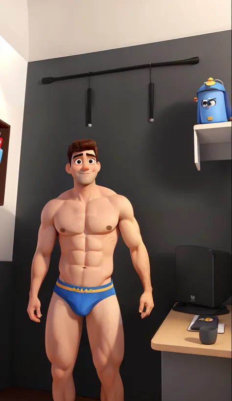 Um homem branco de cueca, musculoso, peito peludo estilo disney pixar, alta qualidade, melhor qualidade